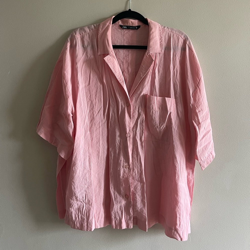 Zara Pink Oversized Silky Button Up Shirt